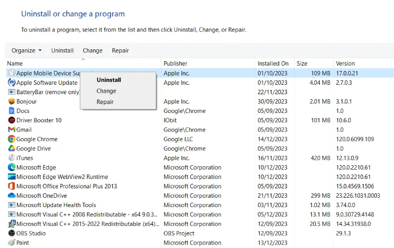 Control Panel Uninstall