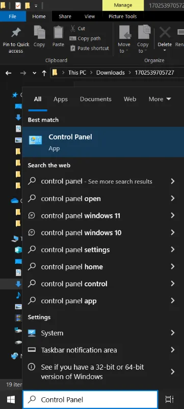 Control panel Start menu