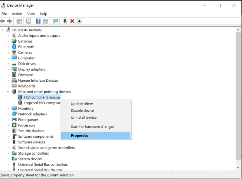 Device manager mouse settings