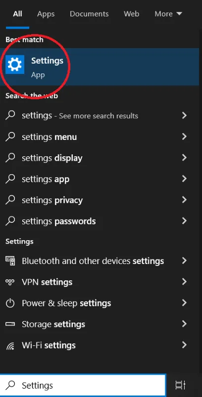 Settings in Windows 