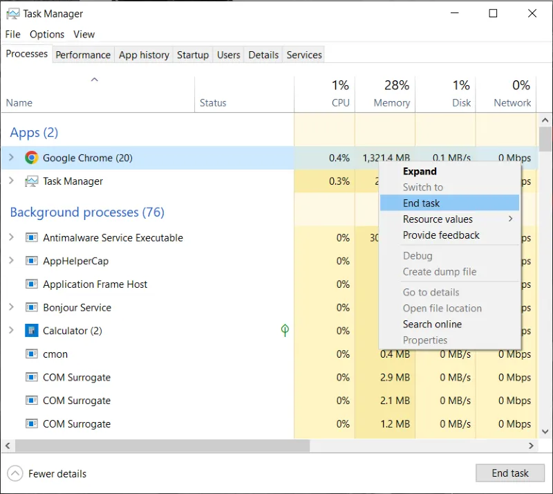 Task manager end task